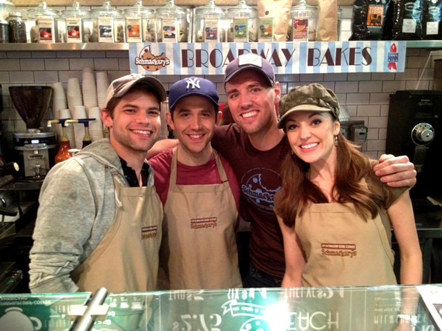 Jeremy Jordan, Santino Fontana, Zach Schmahl, Laura Osnes serving at Schmackary's Cookies