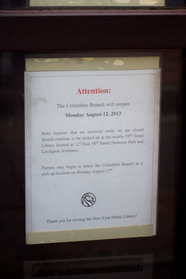 The reopening announcement on the front of the Columbus Branch Library
