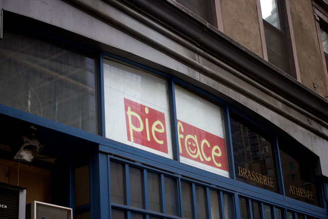 The temporary signage at the incoming Pie Face store