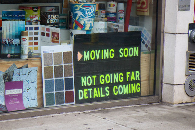 The impending relocation notice at Epstein's Paint Center