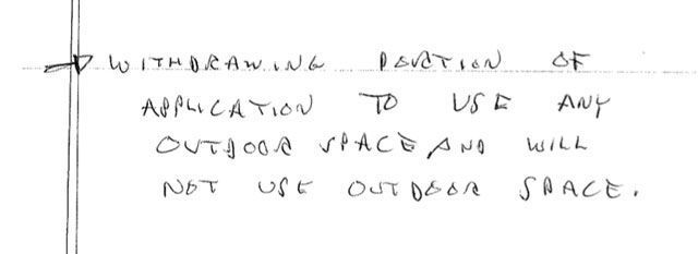 A note describing Clubhouse BBQ withdrawing use of the outdoor courtyard from their application